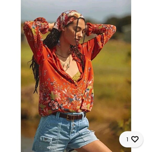 Anthropologie Floral Chiffon Blouse Ruffled Neckline Metal Buttons Size XXS - Picture 6 of 13